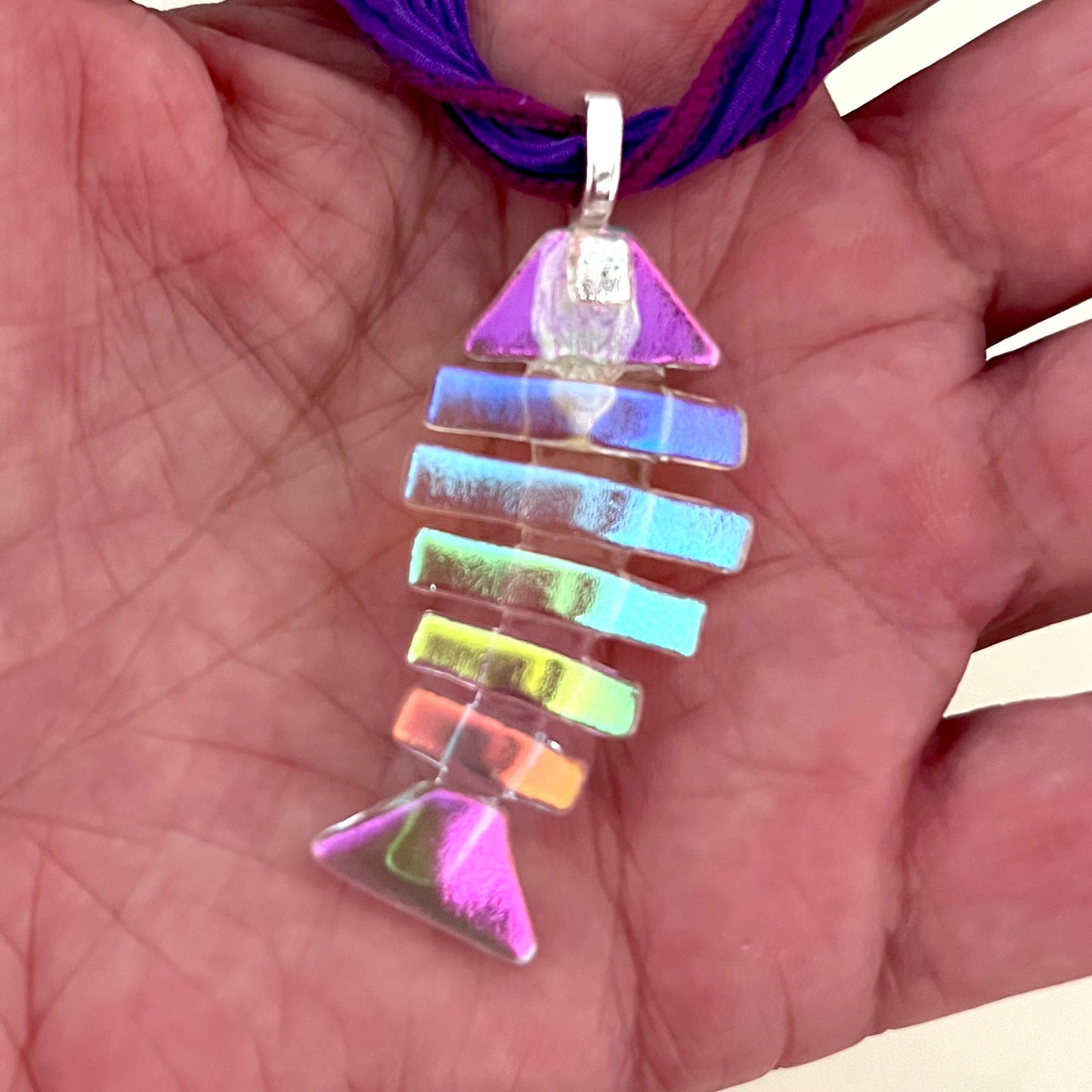 Large Dichroic Fused Glass Bonefish Pendant