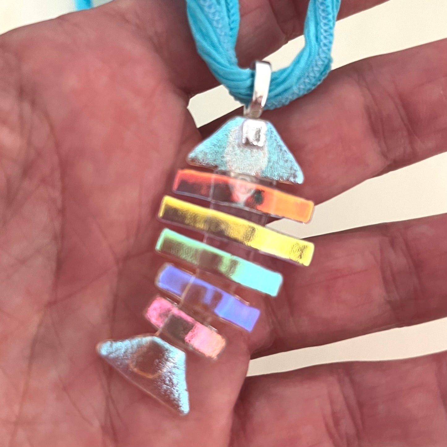 Large Dichroic Fused Glass Bonefish Pendant