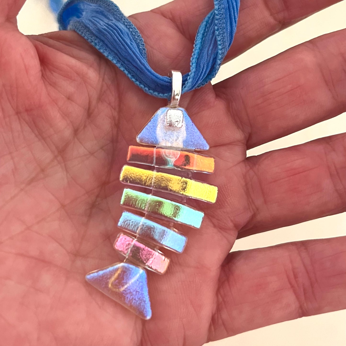 Large Dichroic Fused Glass Bonefish Pendant