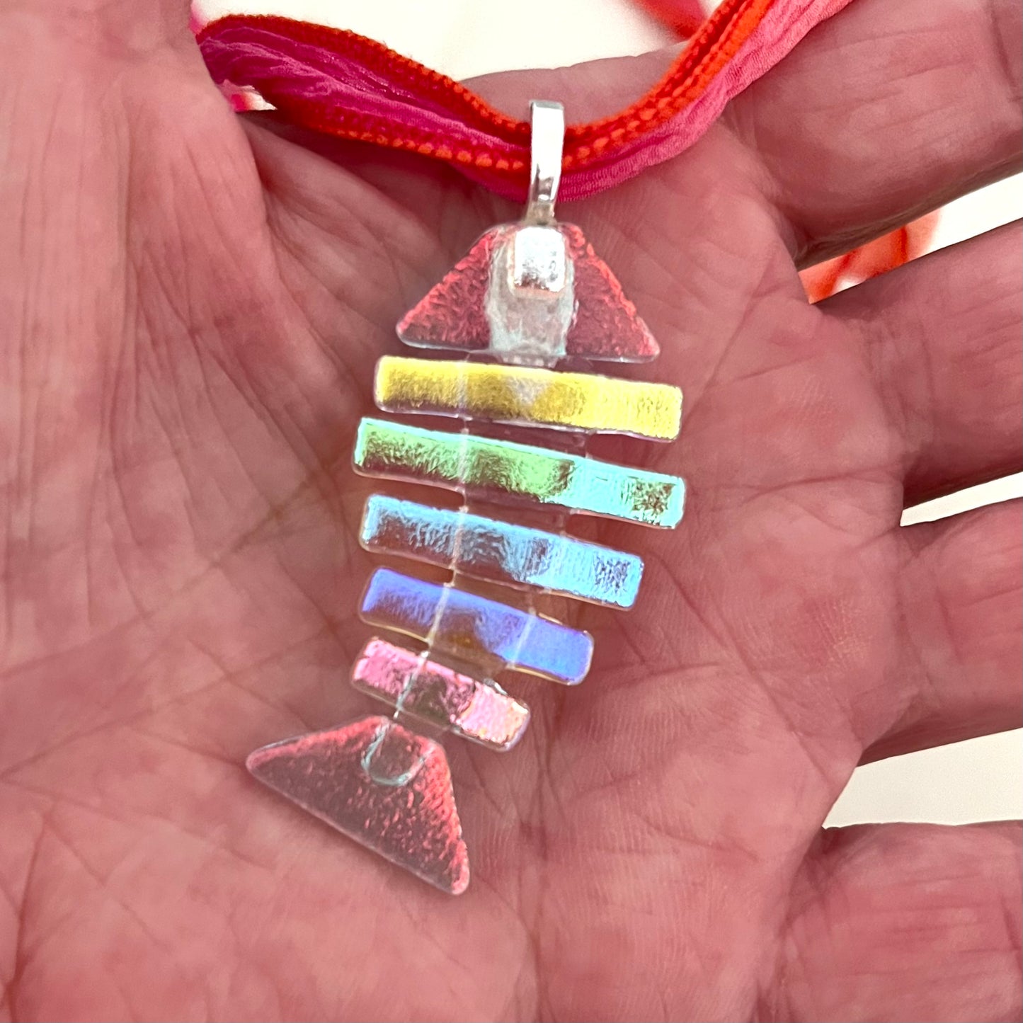 Large Dichroic Fused Glass Bonefish Pendant