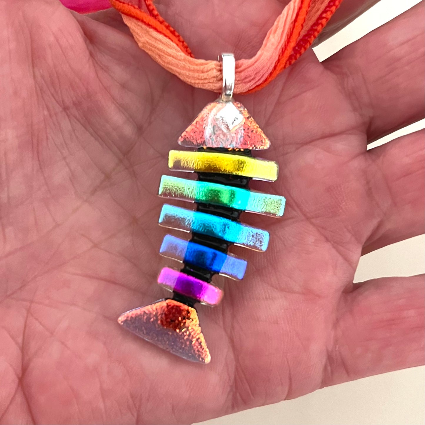 Large Dichroic Fused Glass Bonefish Pendant