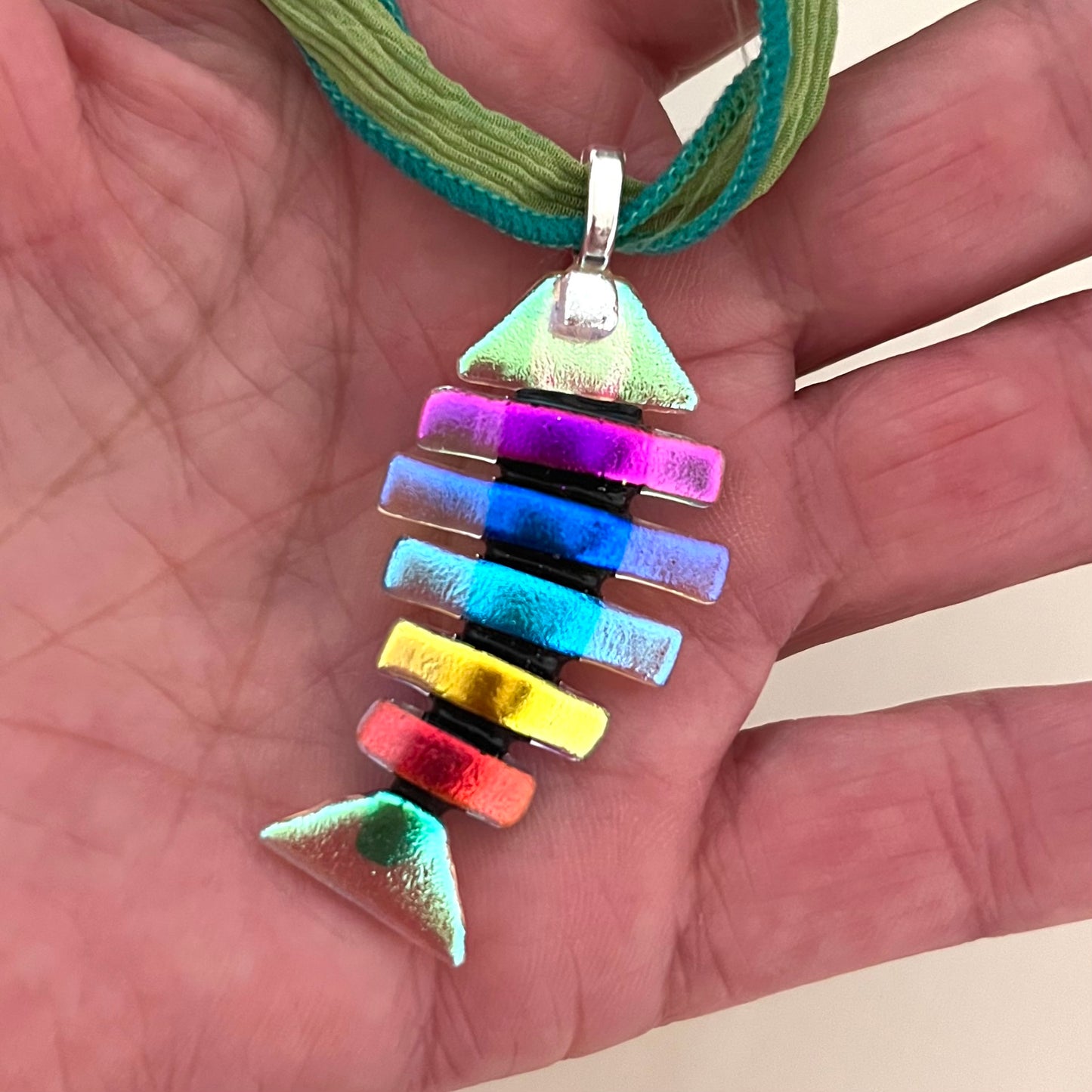 Large Dichroic Fused Glass Bonefish Pendant