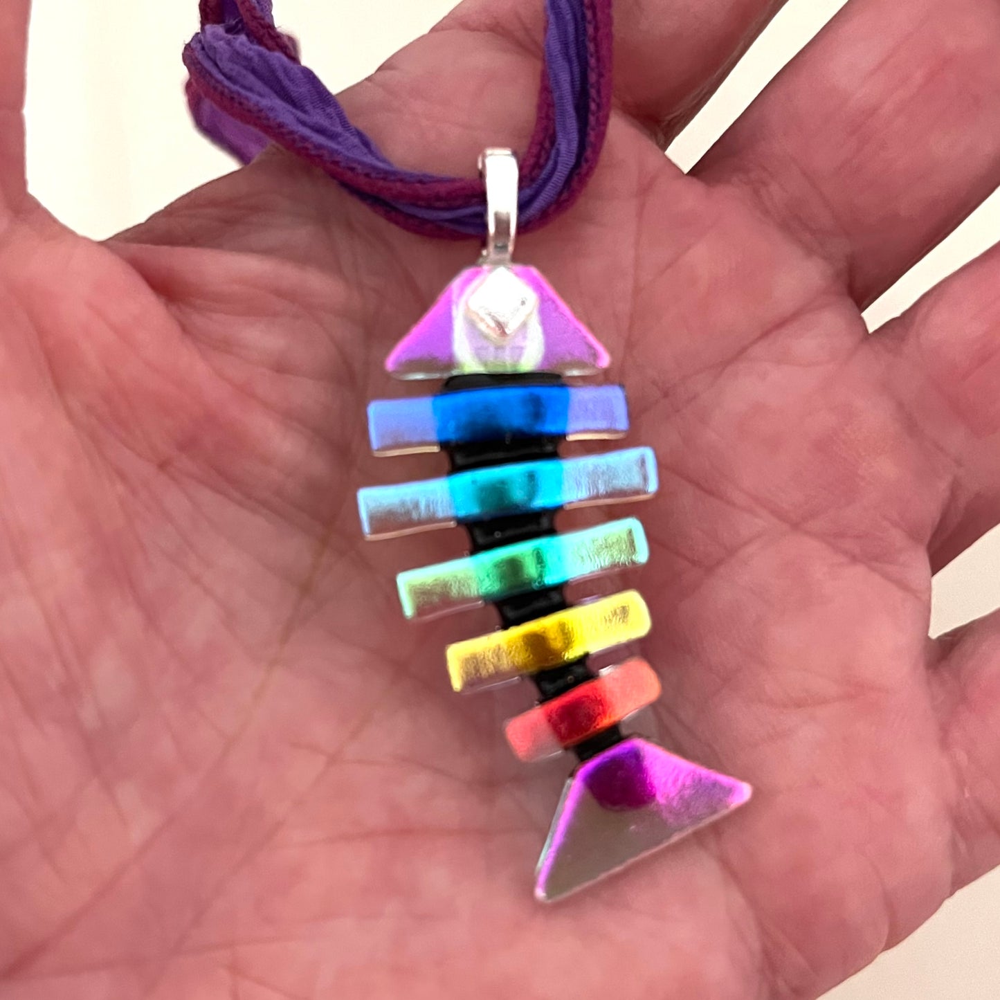 Large Dichroic Fused Glass Bonefish Pendant