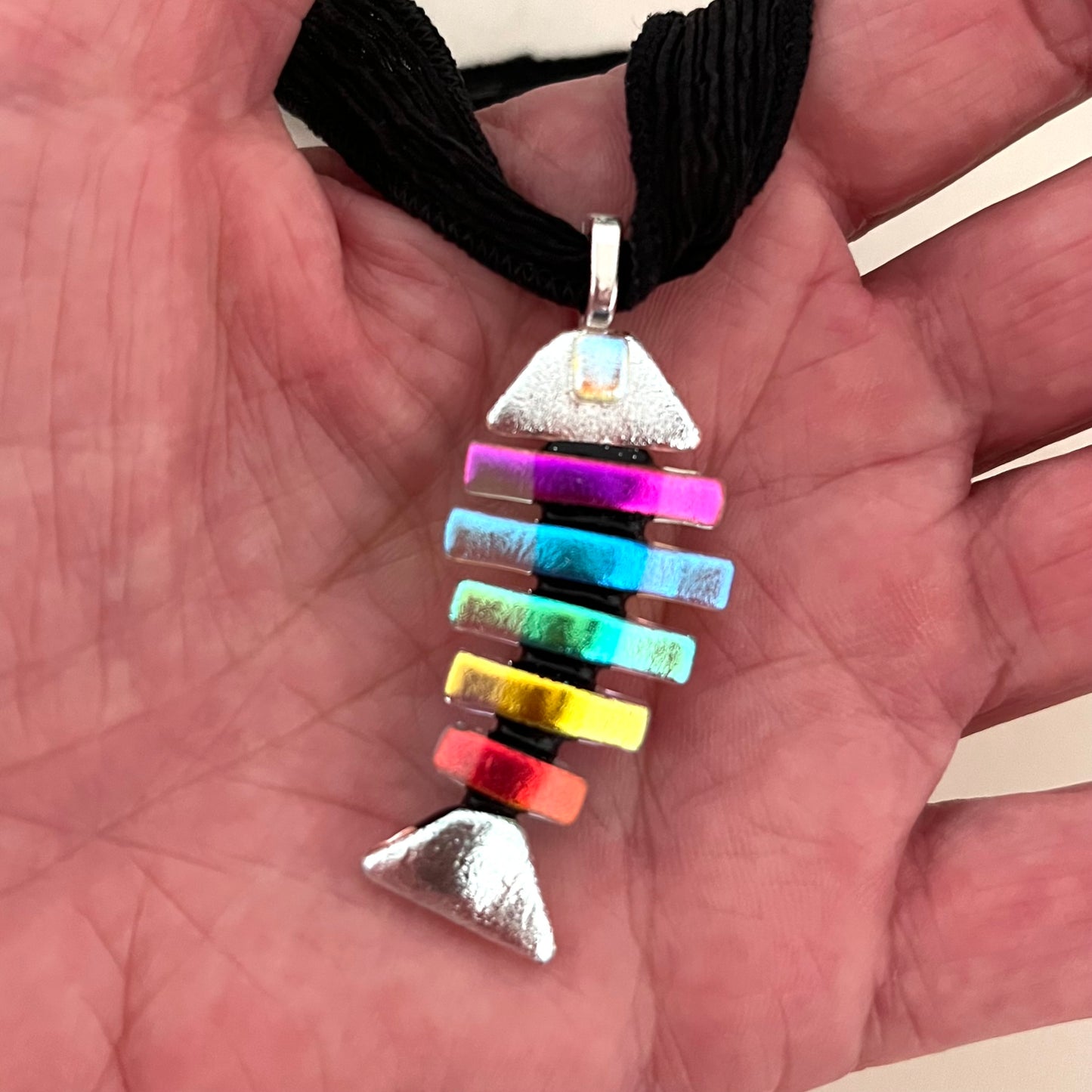 Large Dichroic Fused Glass Bonefish Pendant