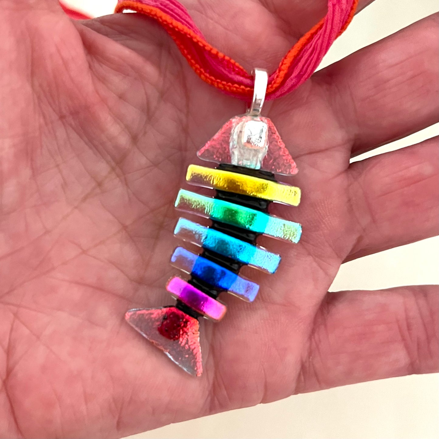 Large Dichroic Fused Glass Bonefish Pendant