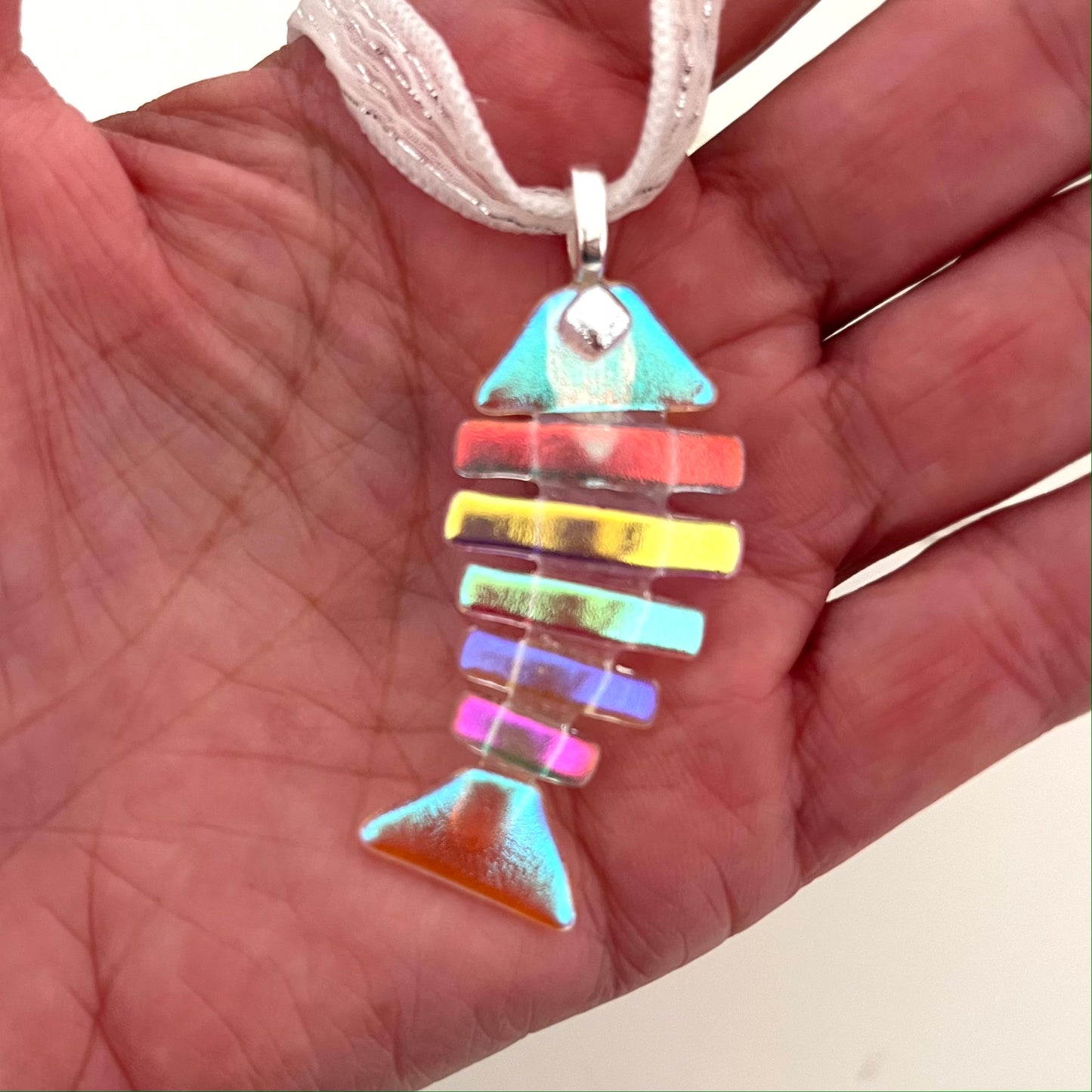 Large Dichroic Fused Glass Bonefish Pendant