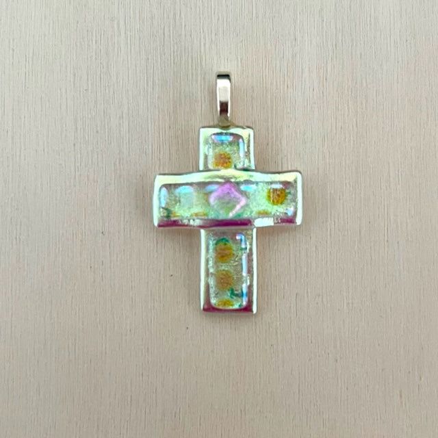 Large Dichroic Fused Glass Cross Pendant