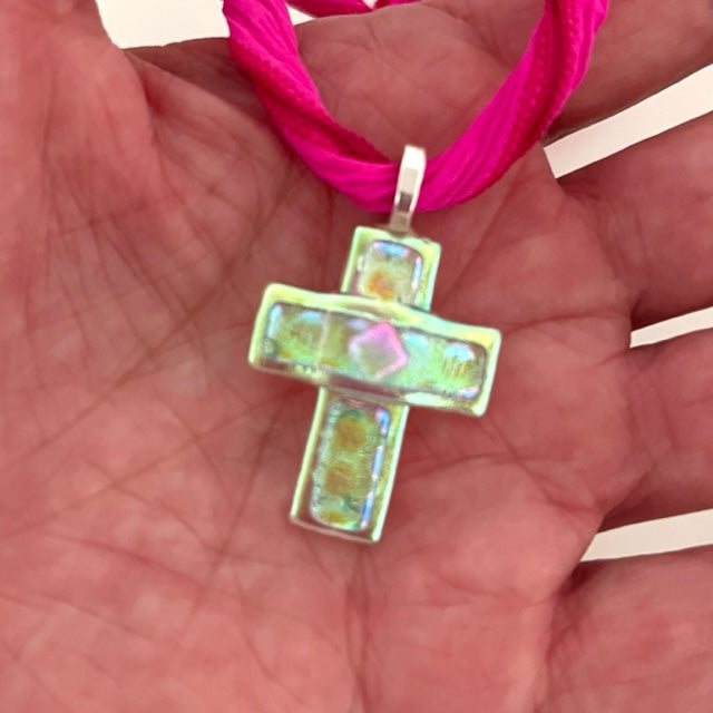 Large Dichroic Fused Glass Cross Pendant