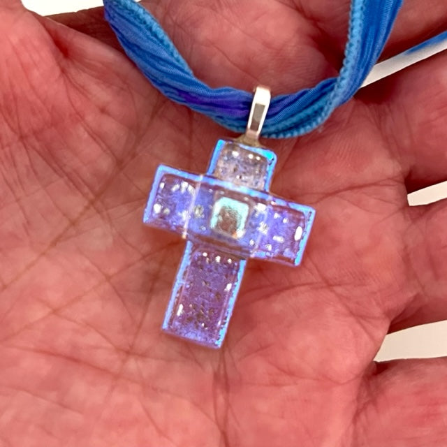 Large Dichroic Fused Glass Cross Pendant