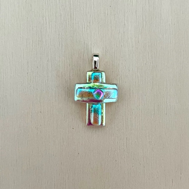 Small Dichroic Fused Glass Cross Pendant