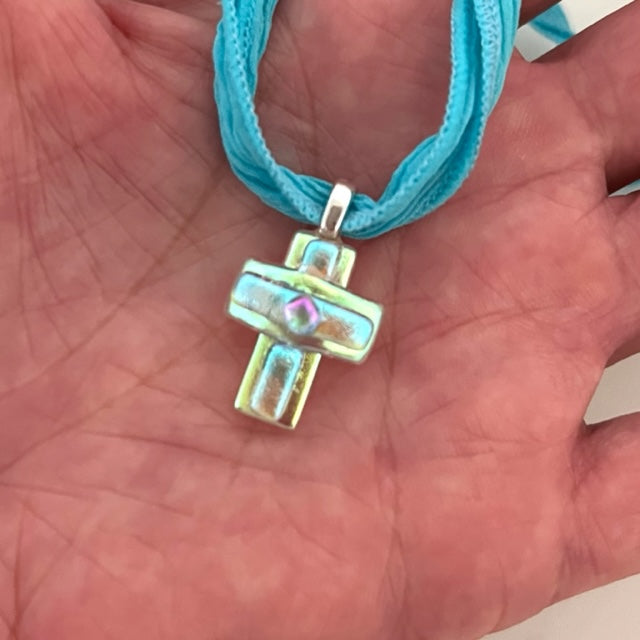 Small Dichroic Fused Glass Cross Pendant