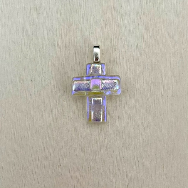 Small Dichroic Fused Glass Cross Pendant