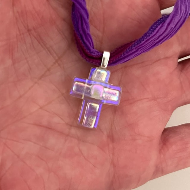 Small Dichroic Fused Glass Cross Pendant