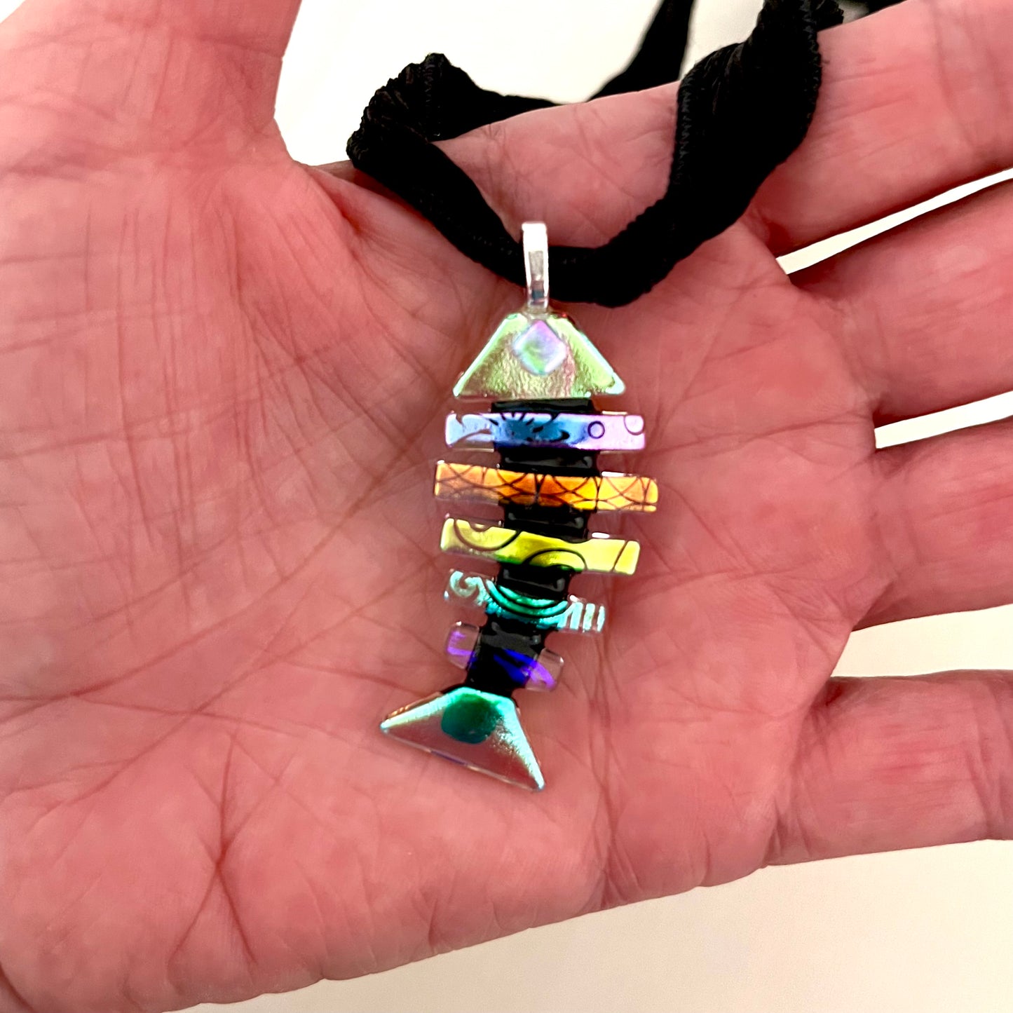 Large Dichroic Fused Glass Bonefish Pendant