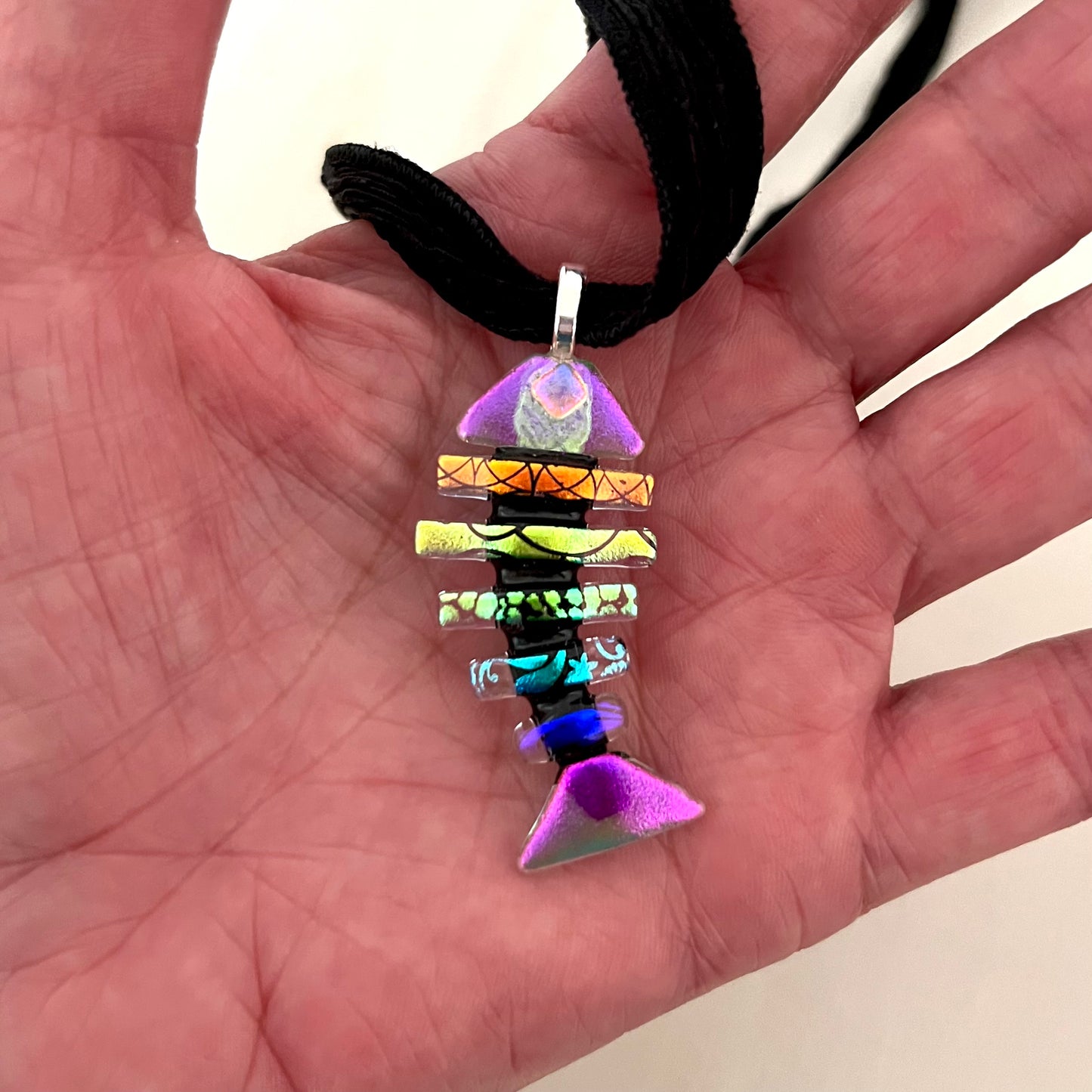 Large Dichroic Fused Glass Bonefish Pendant