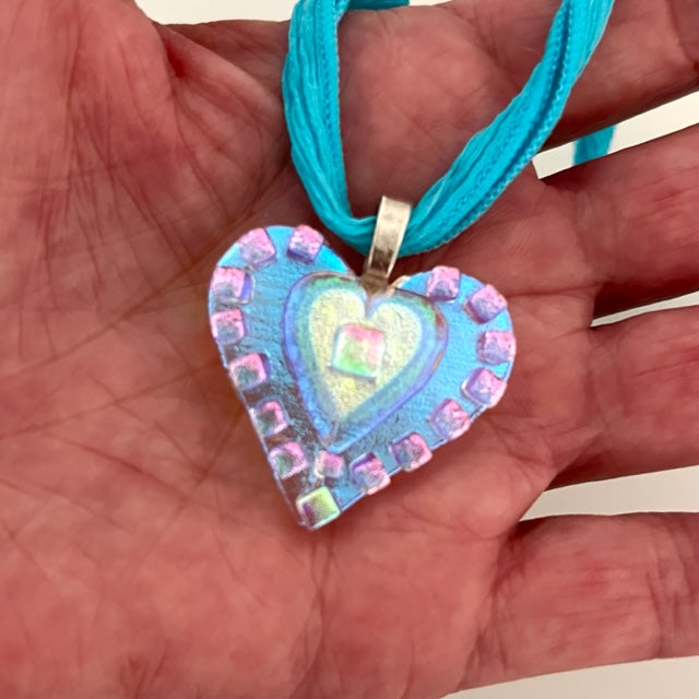 Large Dichroic Fused Glass Heart Pendant