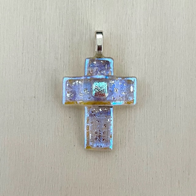 Large Dichroic Fused Glass Cross Pendant