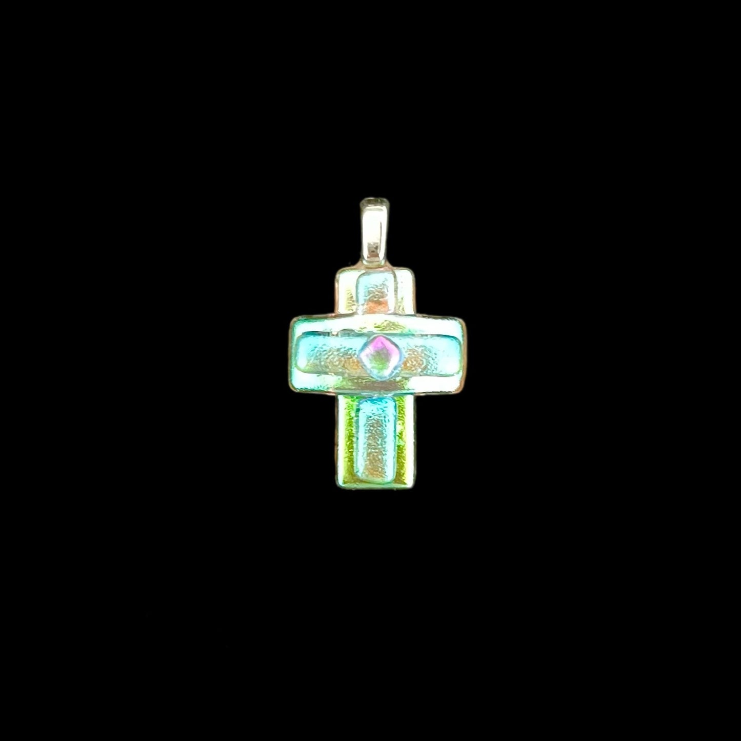 Small Dichroic Fused Glass Cross Pendant