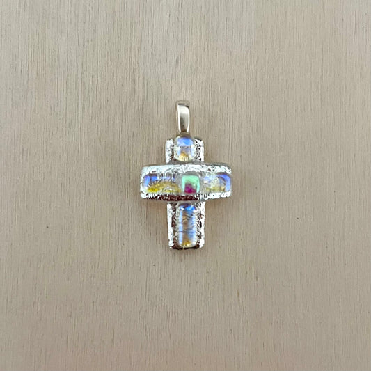 Fused Dichroic Glass Small Cross Pendant